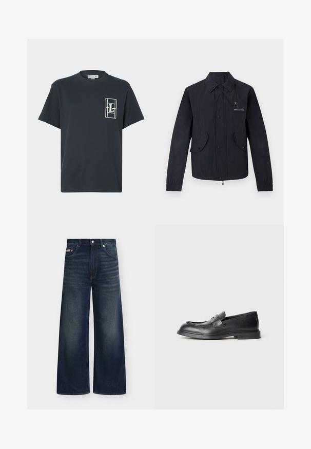 Veste noire légère avec boutons-pression à l'avant, deux poches à rabat, poignets élastiques, et petit logo "Armani Exchange" sur la poitrine.; T-shirt bleu marine à manches courtes et col rond avec un logo rectangulaire blanc comprenant la lettre "L" sur le côté gauche de la poitrine.; Jean en denim bleu foncé à jambes larges avec poches avant, passants de ceinture, fermeture par boutons et légère décoloration sur les cuisses et les genoux.; Mocassins en cuir noir avec une finition texturée, dotés d'une bride décorative à l'avant et d'un bout arrondi. Semelle en caoutchouc pour plus de durabilité.