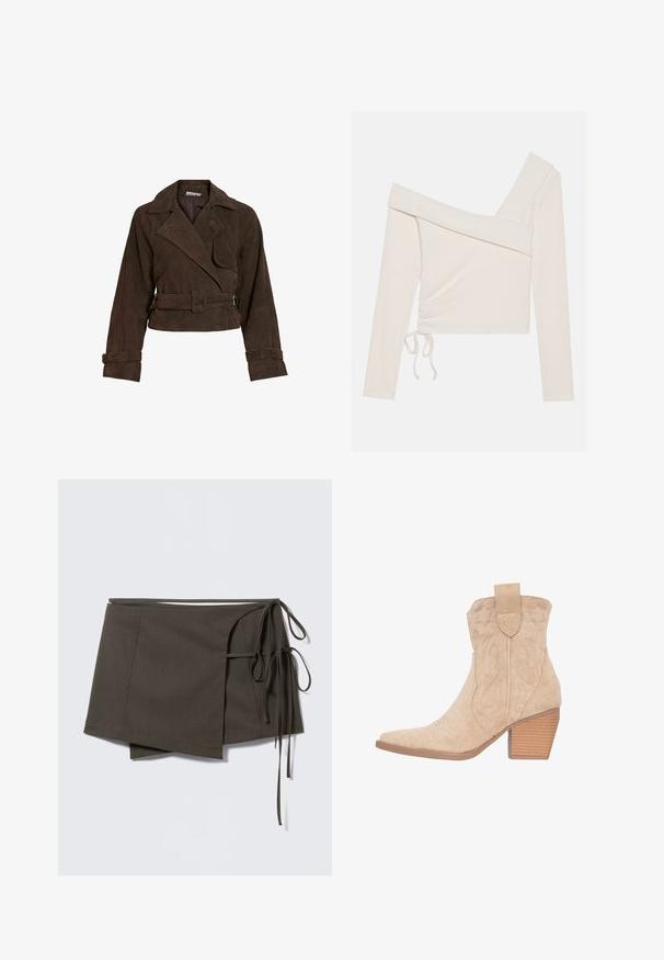 Mørkebrun ruskind cropped jakke med brede revers, bælte i taljen og justerbare stropper ved manchetterne.; Off-the-shoulder langærmet top i ribbet elfenbenstof, med en samlet sidebinding og asymmetrisk halsdesign.; Mørke olivengrøn omslagsnederdel med asymmetrisk kant og to løsts hængende sidelommer, vist på en lys grå baggrund.; Beige ruskinds cowboy støvler med spids tå, dekorativ syning og en stablet hæl. Har en trækflap på bagsiden.