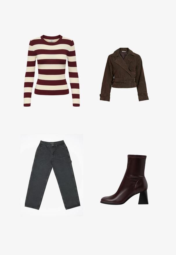 Veste courte en daim marron foncé avec larges revers, taille cintrée par une ceinture et sangles réglables aux poignets.; Pull en maille côtelée à manches longues avec larges rayures horizontales bordeaux et crème et col rond.; Pantalons en denim noir au design droit, avec poches avant, fermeture à bouton et détails de couture visibles.; Stradivarius BLOCK - Bottines - dark red