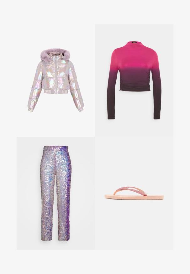 Kort pufferjakke med holografisk finish, har hætte med imiteret pels, lynlåslukning foran og elastiske ærmekanter for en tætsiddende pasform.; Zign Studio TENCEL ™ LONG SLEEVE GATHERING - Langærmet T-shirt - pink; VACLAV IRRIDESCENT SEQUIN PANTS - Bukser - purple; Lyserød flip-flop med en glitrende rem, tekstureret gummisål og enkelt fladt design. Der er detaljer som et skinnende forbindelsesstykke.