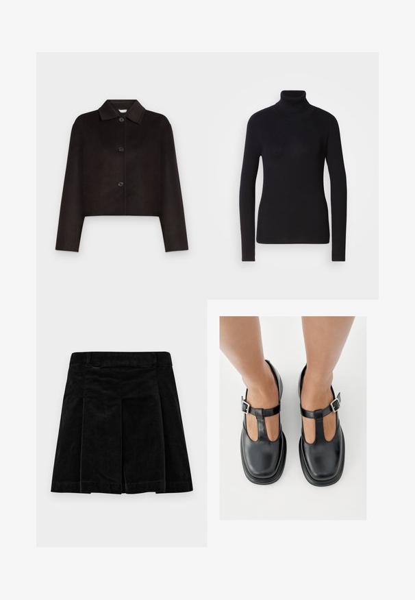 Zwarte cropped jas met lange mouwen, puntige kraag en drie knopen aan de voorkant op een lichtgrijze achtergrond.; Zwarte geribde turtleneck trui met lange mouwen. Gemaakt van gebreid materiaal met een slim-fit ontwerp. Gladde textuur en hoge halsdetail.; Zwarte corduroy rok met een geplooid ontwerp, met een rechte snit, textuur en een tailleband voor een stevige pasvorm.; Zwarte leren schoenen met een T-bandontwerp, gesloten teensluiting en zilverkleurige gespdetails. Glad oppervlak met een ronde neus en platte zool.