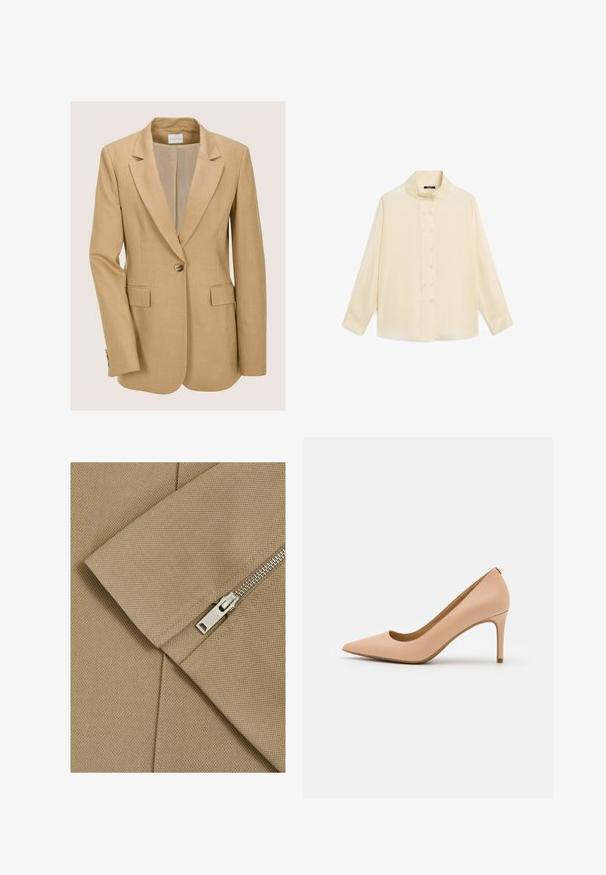 Blazer beige avec un col cranté, une fermeture à un bouton et deux poches avant. Tissu lisse, coupe ajustée et épaules structurées.; Blouse crème à manches longues avec col montant et double rangée de boutons sur le devant, étalée à plat sur un fond blanc.; Tissu beige avec une surface texturée et une couture diagonale, présentant une fermeture éclair en argent avec un tirette rectangulaire.; Escarpin nude en cuir à talons hauts, à bout pointu, avec une texture lisse et un talon fin. Design minimaliste avec un décolleté bas.