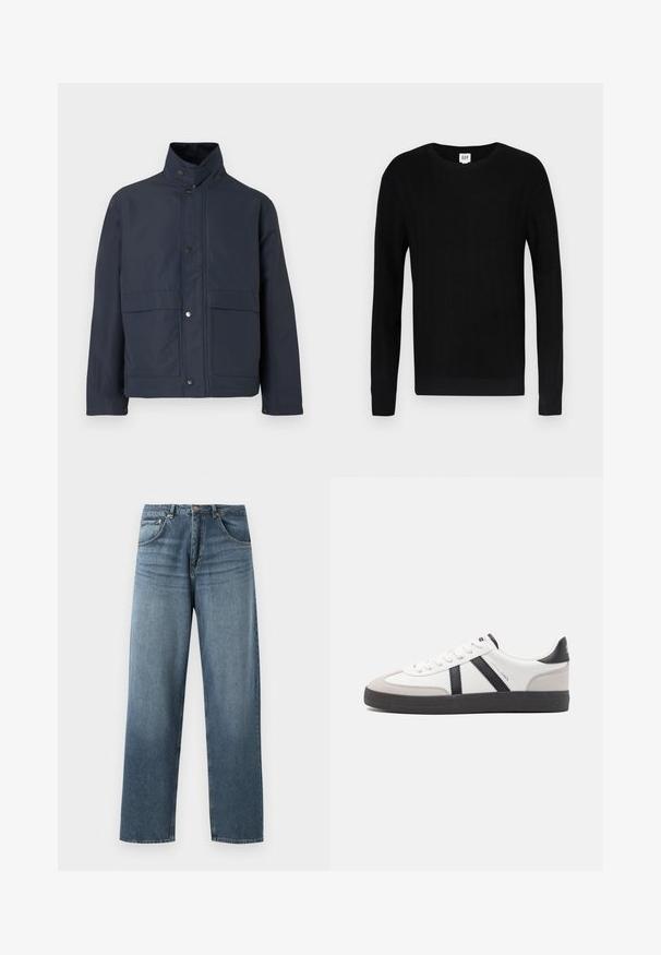 Mørkeblå vandtæt jakke med høj krave, trykknapper og to frontlommer. Lavet af holdbart stof med en glat tekstur.; Sort sweater med ribbet tekstur, rund hals og lange ærmer. Har et ensfarvet design og smalle manchetter ved ærmer og talje.; Lige ben blå denim jeans med en falmet vask, der har fem lommers design, metallisk knap og bæltestropper. Struktureret, medium vægt stof.; Hvide sneakers med sorte og grå detaljer, med en tekstureret grå tåhætte, sort gummisål og flade hvide snørebånd. Rent design, minimalistisk stil.