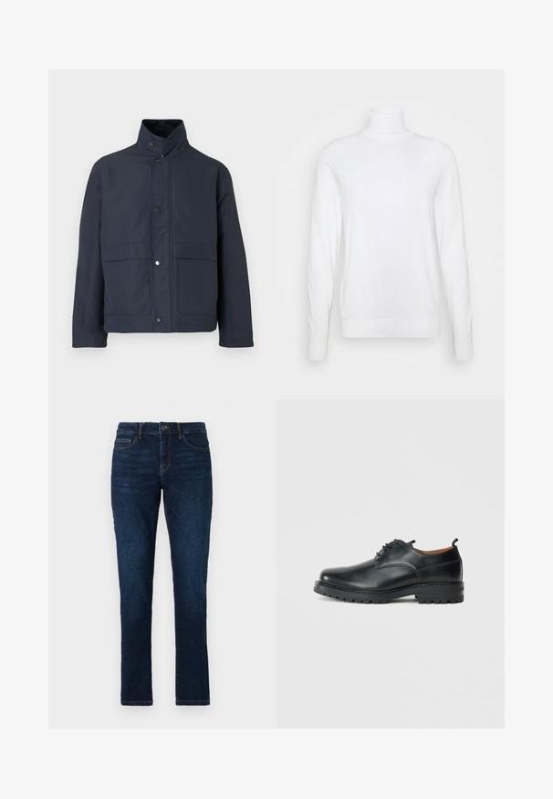 Mørkeblå vandtæt jakke med høj krave, trykknapper og to frontlommer. Lavet af holdbart stof med en glat tekstur.; Hvid turtleneck sweater med lange ærmer, lavet af glat stof. Har et tætsiddende design og ribbede manchetter og kant. Ingen mønstre eller accenter.; Mørkeblå denimjeans med slim fit, standard fem lomme-design og lukning med knap og lynlås. Glat tekstur med minimal falming.; Sorte læder derby-sko med en glat overflade, rund tå, snøre-design og en tyk, robust gummisål.
