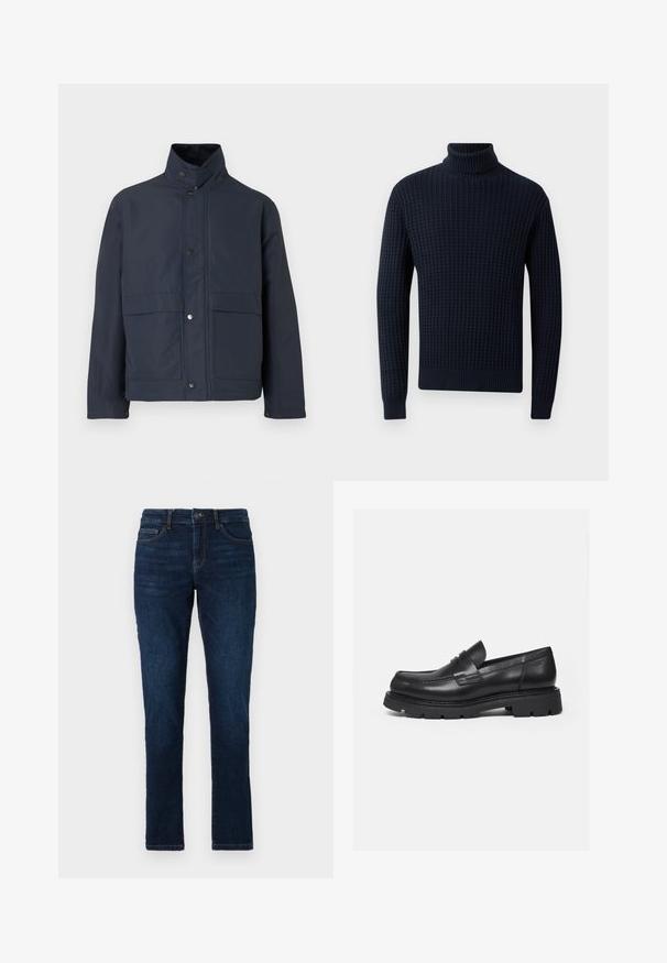 Mørkeblå vandtæt jakke med høj krave, trykknapper og to frontlommer. Lavet af holdbart stof med en glat tekstur.; Marineblå turtleneck sweater med et struktureret, vaffelstrikdesign. Har lange ærmer og ribbede kantinger ved hals, ærmer og bund. Blødt materiale.; Mørkeblå denimjeans med slim fit, standard fem lomme-design og lukning med knap og lynlås. Glat tekstur med minimal falming.; Sort læderloafer med tyk rillede sål og penny-remdetalje, vist i højre sideprofil på hvid baggrund.