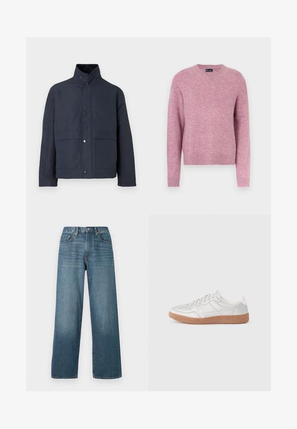 Mørkeblå vandtæt jakke med høj krave, trykknapper og to frontlommer. Lavet af holdbart stof med en glat tekstur.; Pink strikket sweater med rund halsudskæring, lange ærmer og ribbestrikkede ærmekanter. Blød tekstur og afslappet pasform, velegnet til afslappet brug.; Bredde ben mørkeblå denim jeans med knaplukning, bæltestropper og en falmet struktur. Har fem lommer og kontrastsyninger.; Sølv sneakers med en glat overflade, snørebånd, perforerede detaljer og en struktureret brun gummi sål.