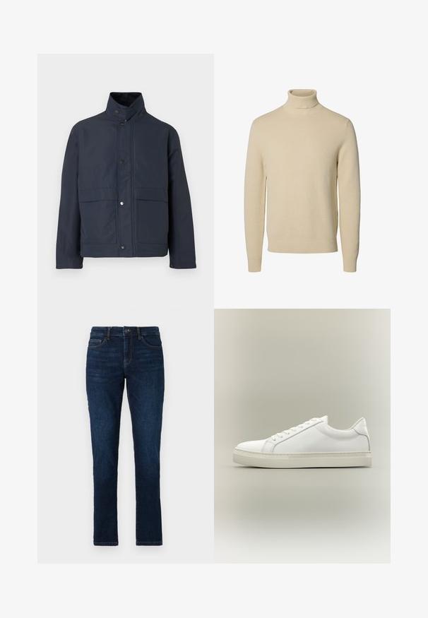 Mørkeblå vandtæt jakke med høj krave, trykknapper og to frontlommer. Lavet af holdbart stof med en glat tekstur.; Beige strikket rullekravesweater med lange ærmer og ribstrikkede manchetter og kant, vist på en ensfarvet hvid baggrund.; Mørkeblå denimjeans med slim fit, standard fem lomme-design og lukning med knap og lynlås. Glat tekstur med minimal falming.; Hvid lavtop sneaker med snørebånd foran og tyk sål, vist fra siden mod en neutral baggrund.