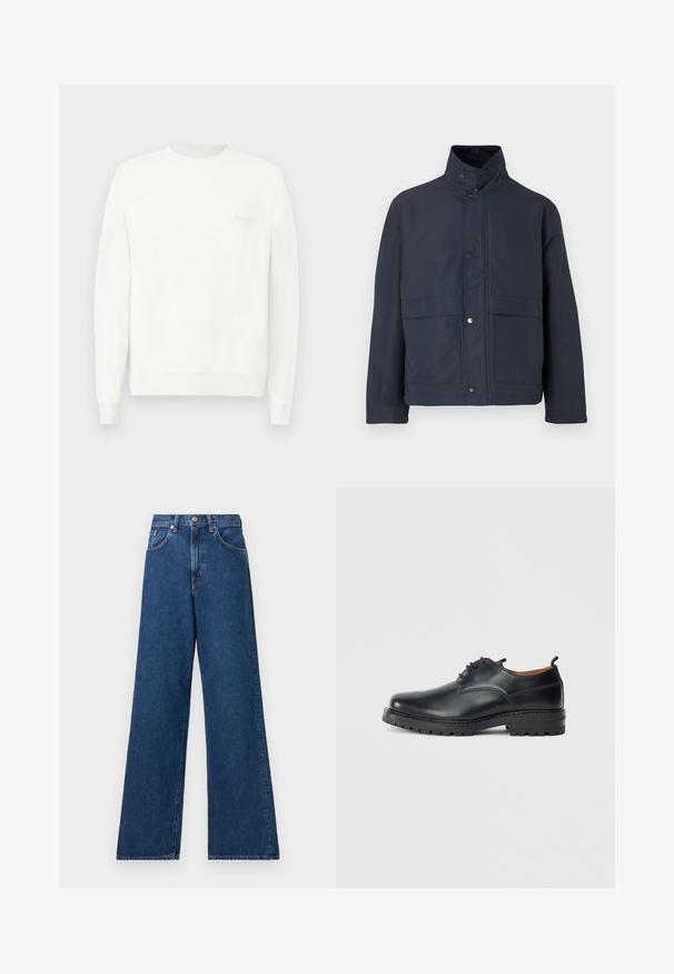 Marineblauwe waterdichte jas met een hoge kraag, drukknoopsluiting en twee voorzakken. Gemaakt van stevige stof met een gladde textuur.; Witte crewneck sweatshirt gemaakt van zachte stof, met ribgebreide boorden en zoom, en een subtiele logo gedrukt op de borst in lichtgrijs.; Brede blauwe denim jeans met een hoge tailleband, voorzien van riemlussen en voorzakken. De stof heeft een soepele textuur en minimale stiksels.; Zwarte leren derby schoenen met een gladde textuur, ronde neus, vetersluiting en een dikke, robuuste rubberen zool.