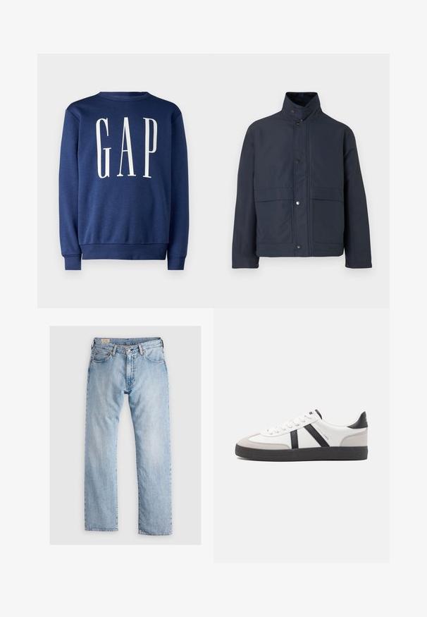 Navy sininen vedenpitävä takki, jossa on korkea kaulus, napit ja kaksi etutaskua. Valmistettu kestävästä kangasta, jossa on sileä pinta.; GAP Collegepaita - blue shade; Vaaleansiniset farkut suoran leikkauksen, viiden taskun suunnittelun, huomaamattoman kulutuksen ja kontrastiväristen ompeleiden kanssa. Napilla ja vetoketjulla suljettavat.; Valkoiset lenkkarit mustilla ja harmailla yksityiskohdilla, joissa on teksturoitu harmaa kärki, musta kumipohja ja litteät valkoiset nauhat. Siisti muotoilu, minimalistinen tyyli.