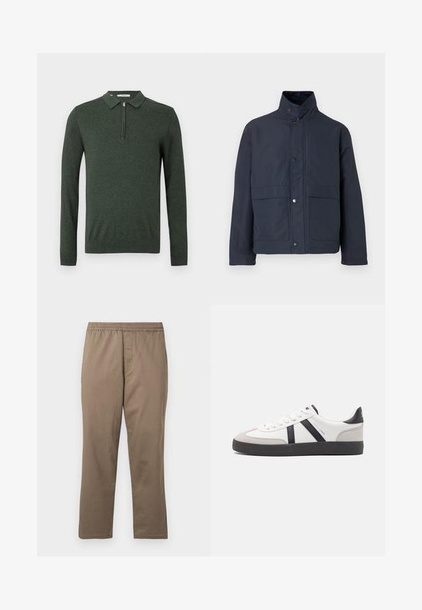 Veste imperméable bleu marine avec un col haut, des boutons-pression et deux poches avant. Fabriquée en tissu durable avec une texture lisse.; Sweater polo à manches longues vert foncé, avec une fermeture éclair quart et des poignets et un ourlet côtelés, présenté sur un fond clair et uni.; Pantalons en khaki à jambes droites pour hommes avec ceinture élastique et braguette, fabriqués en tissu lisse.; Baskets blanches avec des accents noirs et gris, présentant un embout texturé gris, une semelle en caoutchouc noir et des lacets plats blancs. Design épuré, style minimaliste.