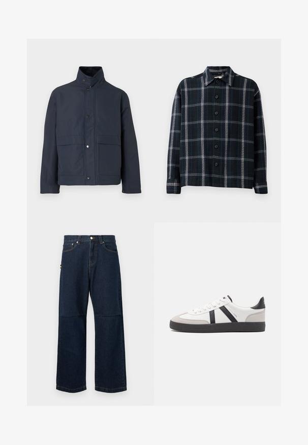 Marineblaue wasserdichte Jacke mit hohem Kragen, Druckknöpfen und zwei vorderen Taschen. Hergestellt aus strapazierfähigem Stoff mit glatter Textur.; Schwarzes und dunkelblaues kariertes Langarmhemd mit weißen Streifen, Knopfverschluss und spitzem Kragen.; Dunkelblaue Denim-Jeans mit geraden Beinen, die ein klassisches Fünf-Taschen-Design, kontrastierende Nähte und ein kleines farbiges Etikett an der Seite aufweisen.; Weiße Sneaker mit schwarz- und grau-aczenten, ausgestattet mit einer strukturierten grauen Zehenkappe, schwarzer Gummi-Sohle und flachen weißen Schnürsenkeln. Sauberes Design, minimalistische Stil.