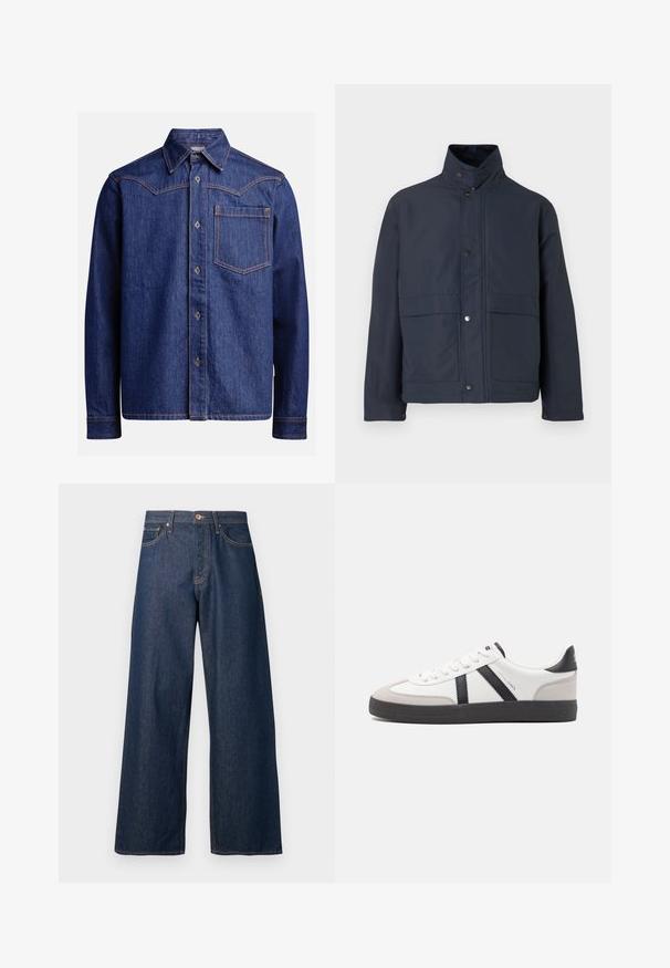 Marineblauwe waterdichte jas met een hoge kraag, drukknoopsluiting en twee voorzakken. Gemaakt van stevige stof met een gladde textuur.; Donkerblauwe denim overhemd met lange mouwen, puntige kraag, knoopsluiting, borstzak en contrasterende oranje stiksel.; Wijde jeans gemaakt van donker denim met oranje stiksel, voorzien van vijf zakken, een knoopsluiting aan de voorkant en een rechte silhouet.; Witte sneaker met zwarte en grijze accenten, voorzien van een grijze neus met textuur, zwarte rubberen zool en platte witte veters. Schoon ontwerp, minimalistische stijl.