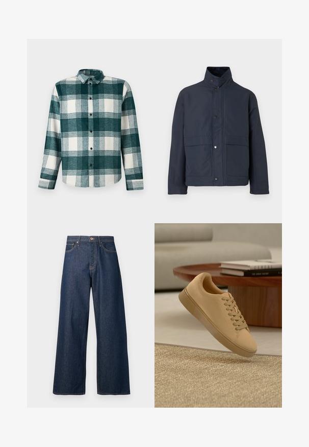 Veste imperméable bleu marine avec un col haut, des boutons-pression et deux poches avant. Fabriquée en tissu durable avec une texture lisse.; Chemise à manches longues à carreaux verts et blancs avec col et poignets, présentée sur un fond uni.; Jean à jambes larges en denim foncé avec surpiqûres orange, doté de cinq poches, d'une fermeture à boutons sur le devant et d'une silhouette droite.; Baskets beiges à lacets flottant au-dessus d'un tapis texturé avec une table basse en bois et des livres empilés en arrière-plan flou.