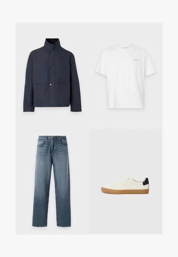 Veste imperméable bleu marine avec un col haut, des boutons-pression et deux poches avant. Fabriquée en tissu durable avec une texture lisse.; T-shirt blanc à manches courtes en coton, avec un col rond et un petit logo sur la poitrine gauche. Texture lisse, coupe décontractée.; Jean en denim bleu à jambe droite avec un délavage, présentant un design à cinq poches, un bouton en métal et des passants de ceinture. Tissu structuré de poids moyen.; Sneaker en toile blanche avec une semelle en gomme, accent au talon noir, bout rond et design à lacets. Présente le logo de la marque en doré sur le côté.