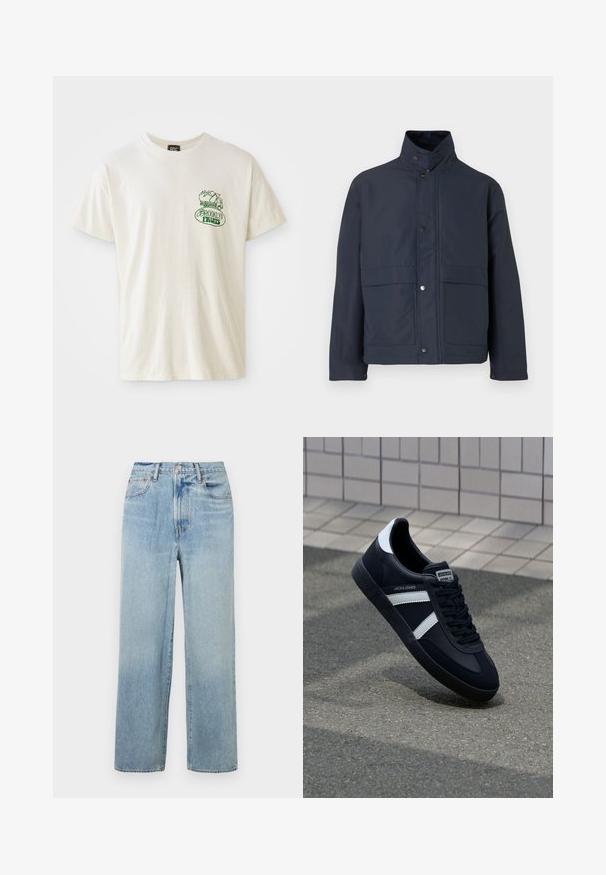 Mørkeblå vandtæt jakke med høj krave, trykknapper og to frontlommer. Lavet af holdbart stof med en glat tekstur.; Kortærmet cremet t-shirt lavet af bomuld. Har et grønt "Brooklyn Fruits"-grafik med en kurv fyldt med grøntsager og et lille lastbildesign.; Lys blå, lige ben denim jeans med høj talje, der har fem lommer og subtil fading. Rå kant og kontrasterende syninger.; Sort lædersneaker med hvide striber, tekstureret gummisål og snørrebånd foran. Har et brandet mærke på tungen.