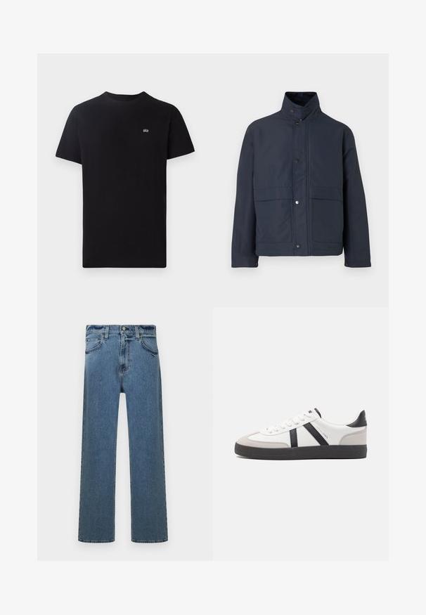 Veste imperméable bleu marine avec un col haut, des boutons-pression et deux poches avant. Fabriquée en tissu durable avec une texture lisse.; T-shirt en coton noir avec un col rond classique, des manches courtes et un petit logo blanc brodé sur la poitrine gauche.; Jean en denim droit bleu avec cinq poches, passants de ceinture et fermeture à bouton, présenté sur fond blanc.; Baskets blanches avec des accents noirs et gris, présentant un embout texturé gris, une semelle en caoutchouc noir et des lacets plats blancs. Design épuré, style minimaliste.