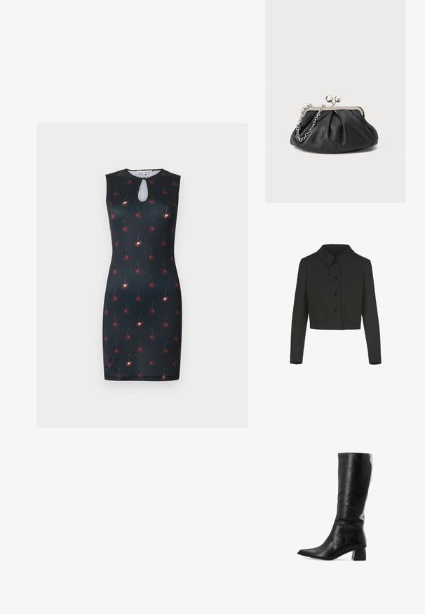 Sort cropped jakke med lange ærmer, en Peter Pan-krave, frontknapper og to forreste stiklommer.; Ærmeløs sort kjole med små røde kirsebærprint og detalje med tårreformet nøglehul i halsudskæringen.; Sorte læder knæ-høje støvler med spids tå og tekstureret overflade. Har en firkantet blokhæl og et elegant, tætsiddende design.; Sort læder clutch med samlet tekstur, sølvfarvet metalramme, kys-lås lukning og kædestrop. Glat, blød overflade.
