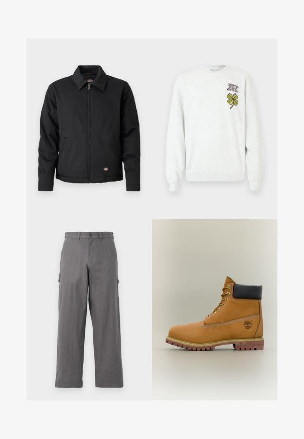 Veste noire avec fermeture éclair sur le devant, col pointu, poches latérales et une poche à patte sur la manche gauche. Fabriquée en tissu texturé, avec un logo.; Sweat-shirt gris en tissu texturé, doté d'un col rond, de manches longues, avec un motif graphique de trèfle à quatre feuilles vert et un texte sur la poitrine.; Pantalons cargo gris avec une coupe droite, fabriqués en tissu durable. Comprend des poches latérales et une fermeture à bouton à la taille.; Bottine en cuir marron avec col noir, lacets jaunes et semelle beige. Présente un logo et des détails de couture blanche. Semelle extérieure à traction robuste.