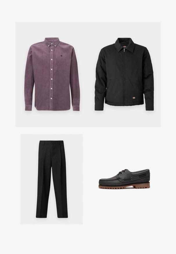 Schwarze Jacke mit Reißverschluss, spitzem Kragen, Seitentaschen und einer aufgesetzten Tasche am linken Ärmel. Hergestellt aus strukturiertem Stoff, mit einem Logo.; Lila Corduroy-Hemd mit Button-Down-Kragen, langen Ärmeln und einem dezenten Logo auf der Brust. Verfügt über eine Knopfleiste vorne.; Schwarze, gerade geschnittene Hose mit Frontknopf und Gürtelschlaufen, auf einem schlichten hellen Hintergrund präsentiert.; Schwarzes Bootsschuh aus Leder mit Schnürdetails, rundem Zehenbereich, strukturierter brauner Gummisohle und genähten Lederseiten.