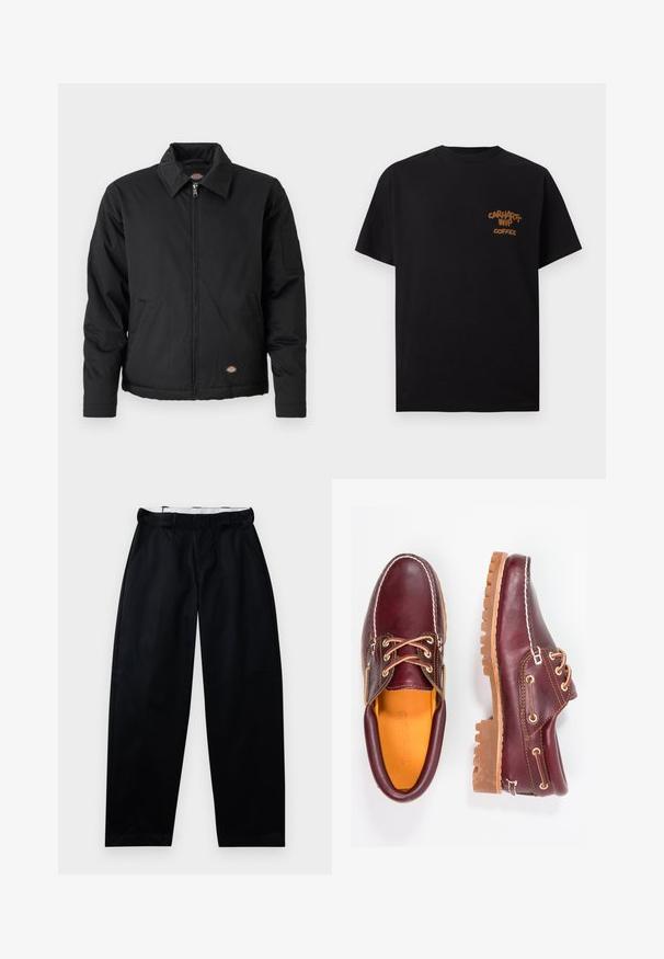 Sort jakke med lynlås foran, spidse krave, sidelommer og en klaplomme på venstre ærme. Lavet af struktureret stof med logo.; Sort T-shirt med korte ærmer med lille brun tekst "Carhartt WIP Coffee" på venstre bryst.; Sorte bukser med en glat tekstur, brede ben og en talje med bælteløkker. Designet med sidelommer og en clean finish.; Bordeaux lædersko med brune gummisåler, rund tå, hvid syning og gyldne snøringer. Indersiden har et gult for.