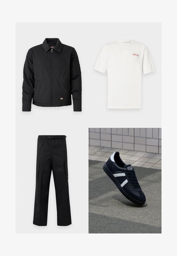Sort jakke med lynlås foran, spidse krave, sidelommer og en klaplomme på venstre ærme. Lavet af struktureret stof med logo.; Hvid bomulds-T-shirt med korte ærmer og rund halsudskæring. Har en rød broderet logo på venstre brystområde.; Sorte cargo-bukser med bred ben-design, justerbar talje med spænde og to sidelommer til opbevaring. Letvægtsstof.; Sort lædersneaker med hvide striber, tekstureret gummisål og snørrebånd foran. Har et brandet mærke på tungen.
