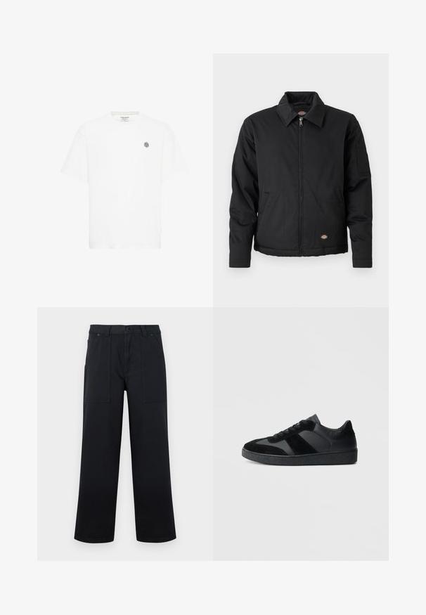 Schwarze Jacke mit Reißverschluss, spitzem Kragen, Seitentaschen und einer aufgesetzten Tasche am linken Ärmel. Hergestellt aus strukturiertem Stoff, mit einem Logo.; Weißes Kurzarm-T-Shirt mit Rundhalsausschnitt und einem kleinen grauen geometrischen Logo auf der linken Brust. Hergestellt aus weichem Baumwollmaterial.; Schwarze weit geschnittene Hose mit aufgesetzten vorderen Taschen, Gürtelschlaufen und Knopfverschluss, vor neutralem Hintergrund dargestellt.; Schwarze Sneaker aus einer Mischung von glattem Leder und Wildleder, mit einer strukturierten schwarzen Gummisohle und dezenten Streifendetails.