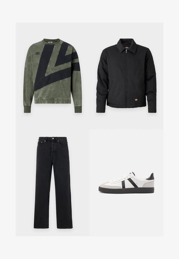 Veste noire avec fermeture éclair sur le devant, col pointu, poches latérales et une poche à patte sur la manche gauche. Fabriquée en tissu texturé, avec un logo.; Sweatshirt à manches longues, en vert et noir avec un bloc de couleurs, doté de poignets et d'un col en côte, avec le logo Umbro sur la poitrine gauche.; Jean droit en denim noir avec taille haute, cinq poches et fermeture à bouton métallique. Le tissu a une texture lisse et un léger éclat.; Baskets blanches avec des accents noirs et gris, présentant un embout texturé gris, une semelle en caoutchouc noir et des lacets plats blancs. Design épuré, style minimaliste.