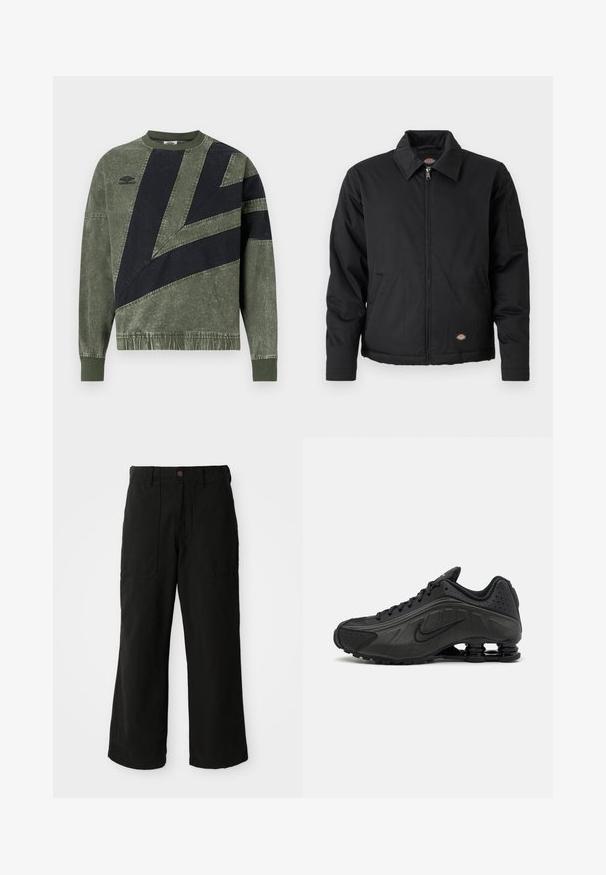 Schwarze Jacke mit Reißverschluss, spitzem Kragen, Seitentaschen und einer aufgesetzten Tasche am linken Ärmel. Hergestellt aus strukturiertem Stoff, mit einem Logo.; Langärmliges, grün-schwarz color-blocked Sweatshirt mit gerippten Bündchen und Kragen, mit Umbro-Logo auf der linken Brust.; Schwarze weit geschnittene Hose aus weichem Stoff, mit Fronttaschen und einem Knopfverschluss an der Taille. Minimalistisches Design ohne sichtbare Muster.; Schwarze Laufschuhe mit einem glatten synthetischen Obermaterial, durchbrochenen Akzenten, strukturierten Seitenpaneelen und einer ausgeprägten federnden Sohle.
