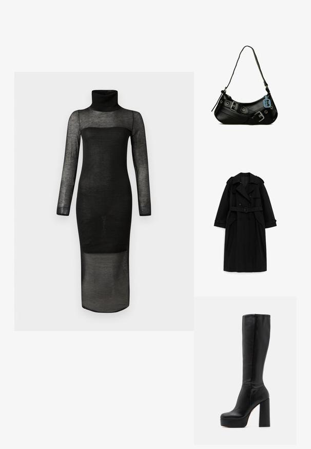 Trench-coat long noir avec boutons croisés, taille ceinturée, col large et poches à rabat, présenté sur un fond blanc.; Longue robe noire transparente avec manches longues, col roulé, et doublure noire unie du buste jusqu'à mi-cuisse.; Bottes noires montantes en cuir lisse avec une finition texturée, dotées d'un talon bloc haut et d'un design à bout rond.; Sac à main synthétique noir avec une forme courbée, une bandoulière réglable et des boucles décoratives en métal. Présente une texture lisse et brillante.