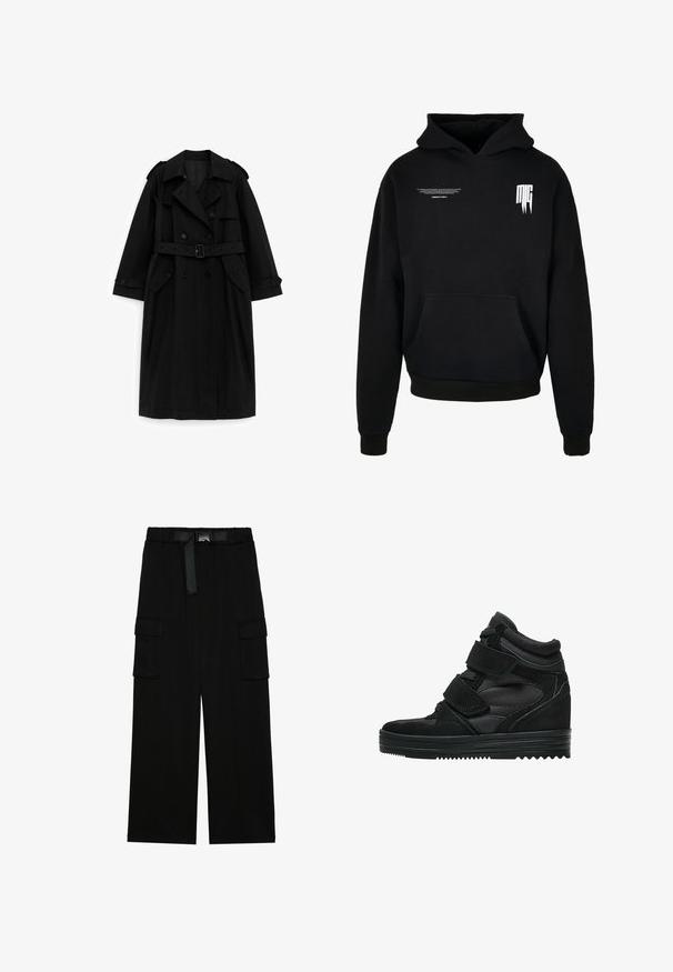 Trench-coat long noir avec boutons croisés, taille ceinturée, col large et poches à rabat, présenté sur un fond blanc.; Sweat à capuche noir avec poche sur le devant, petit texte blanc sur la partie supérieure gauche de la poitrine, et logo stylisé "MG" sur la partie supérieure droite de la poitrine.; Pantalons cargo noirs avec une coupe large, taille élastique avec une ceinture, et deux grandes poches latérales pour le rangement.; Baskets montantes noires en suede et mesh, avec des bandes Velcro, une finition lisse et une semelle en caoutchouc texturée pour une meilleure adhérence.