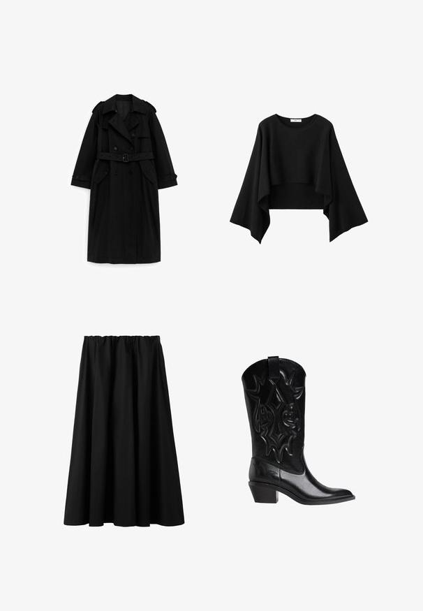 Schwarzer langer Trenchcoat mit doppelreihigen Knöpfen, Taillengürtel, weitem Kragen und Pattentaschen, auf weißem Hintergrund präsentiert.; Schwarzes, kurzes Top mit weiten, fließenden langen Ärmeln und rundem Ausschnitt, gefertigt aus weichem Stoff.; Schwarzer knielanger Rock mit elastischem Bund und ausgestelltem, gerafftem Design.; Schwarze Leder-Cowboy-Stiefel mit gestickten Dekormustern, spitzem Zeh, schrägem Mittelabsatz und Zugschlaufe oben am Schaft.