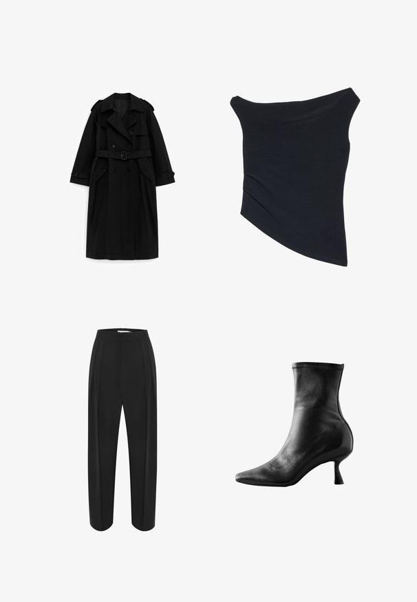 Schwarzer langer Trenchcoat mit doppelreihigen Knöpfen, Taillengürtel, weitem Kragen und Pattentaschen, auf weißem Hintergrund präsentiert.; Schwarzes, schulterfreies Oberteil mit einer figurschmeichelnden Passform, asymmetrischem Saum und weicher, glatter Textur. Es verfügt über gerafften Stoff am Ausschnitt.; Schwarze weit geschnittene Hose mit hoher Taille, aus einem glatten Material und mit zwei vorderen Falten. Entworfen in einem klaren, maßgeschneiderten Schnitt.; Schwarze Lederstiefelette mit spitz zulaufender Spitze, tailliertem Design und einem niedrigen, ausgestellten Absatz, verfügt über eine glatte Textur und minimale Nähte.