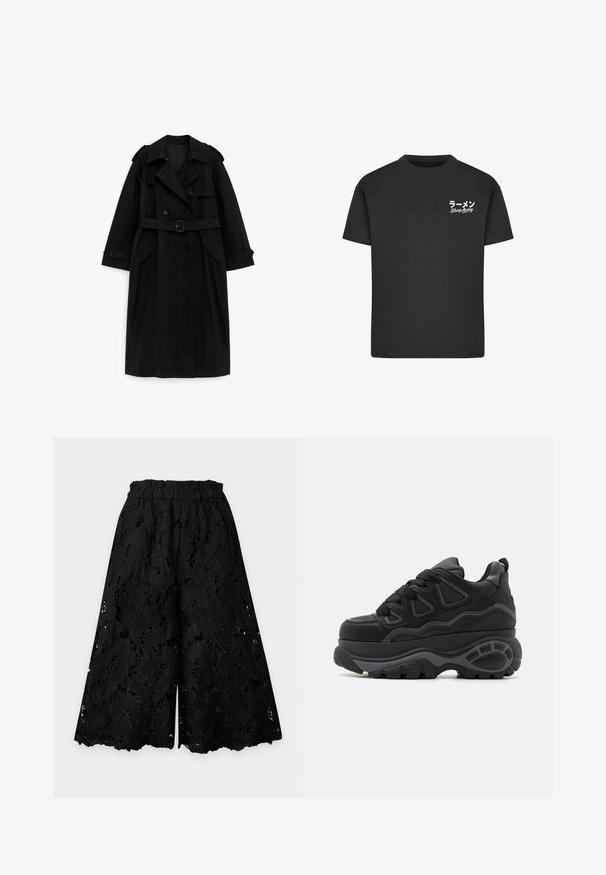 Trench-coat long noir avec boutons croisés, taille ceinturée, col large et poches à rabat, présenté sur un fond blanc.; T-shirt noir en coton avec un col rond. Présente du texte blanc, y compris des caractères japonais et les mots "Slurp Away" sur la zone gauche de la poitrine.; Pantalon culotte noir à jambes larges avec une superposition de dentelle florale délicate et un ourlet festonné.; Buffalo Chaussures de skate - black