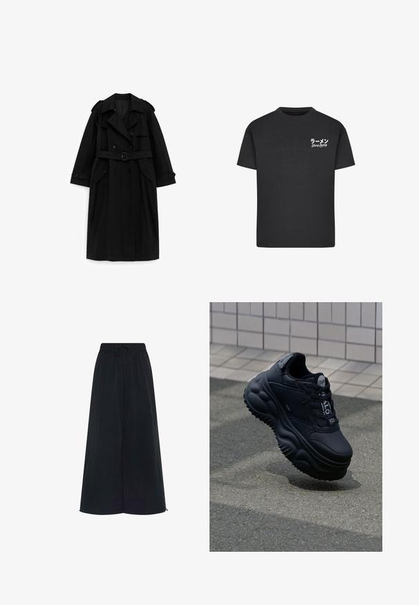 Zwarte lange trenchcoat met dubbele rij knopen, tailleceintuur, brede kraag en klepzakken, weergegeven op een witte achtergrond.; Zwarte katoenen t-shirt met een ronde hals. Bevat witte tekst, waaronder Japanse karakters en "Slurp Away", op de linkerborst.; Zwarte wijdvallende broek met een elastische tailleband en een verstelbaar trekkoord. Gemaakt van een lichte stof met een gladde textuur. Geen zichtbare patronen.; Zwarte stevige sneakers met een glad leren bovenwerk, verhoogde zool met golvende patronen en veters voor een veilige pasvorm. Merken op de tong.