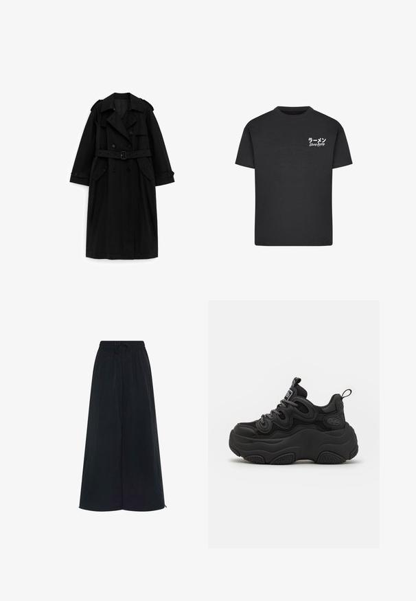 Sort lang trenchcoat med dobbeltradede knapper, bælte i taljen, bred krave og lommer med klap, vist på en hvid baggrund.; Sort bomulds T-shirt med rund hals. Har hvid tekst, inklusive japanske tegn og "Slurp Away," på venstre brystområde.; Sorte bukser med bred benvidde, elastisk talje og justerbar snor. Fremstillet af letvægtsstof med en glat tekstur. Ingen synlige mønstre.; Sorte sneakers med en chunky design, der har en tekstureret overdel, mesh-paneler og tyk gummisål. Reflekterende snørebånd og branddetaljer er synlige.