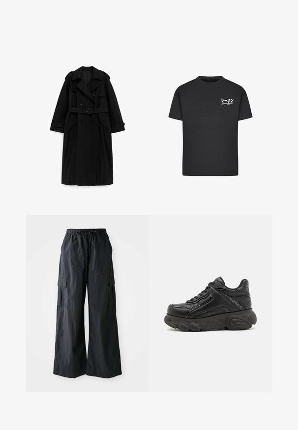 Trench-coat long noir avec boutons croisés, taille ceinturée, col large et poches à rabat, présenté sur un fond blanc.; T-shirt noir en coton avec un col rond. Présente du texte blanc, y compris des caractères japonais et les mots "Slurp Away" sur la zone gauche de la poitrine.; Pantalons cargo noirs en tissu léger, avec une coupe large, une taille élastique et plusieurs poches latérales. Simples et fonctionnels.; Baskets plateformes épaisses noires avec semelle texturée, lacets à l'avant et détails de marque sur le côté et le talon.