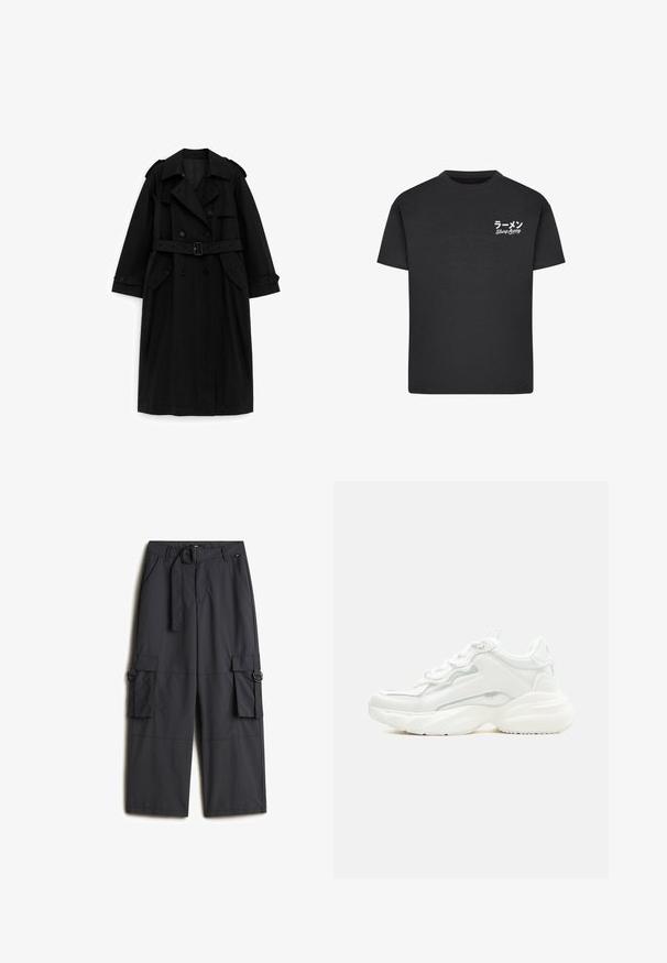 Abrigo largo negro tipo gabardina con botones de doble fila, cintura con cinturón, cuello ancho y bolsillos con solapa, mostrado sobre un fondo blanco.; Camiseta de algodón negra con cuello redondo. Presenta texto en blanco, incluyendo caracteres japoneses y "Slurp Away", en el área del pecho izquierdo.; Pantalones cargo de un gris oscuro, hechos de una tela ligera, que cuentan con un cinturón de hebilla redonda, dos bolsillos laterales y dos bolsillos cargo.; Zapatilla deportiva blanca y robusta con suela gruesa, cierre de cordones en la parte frontal y parte superior sintética lisa con detalles de costuras sutiles.