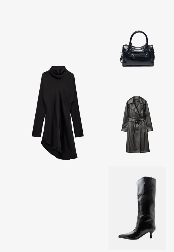 Sort læder trench coat med dobbeltknap foran, bred krave, bæltestrop i taljen og lange ærmer med knapmanchetter.; Sort langærmet asymmetrisk kjole med høj krave og lynlås i siden, der hænger længere på den ene side.; Sort skinnende knæhøj læderstøvle med spids tå og lav buet hæl på en ensfarvet lys baggrund.; Sort skinnende læderhåndtaske med to håndtag, lynlåslomme foran og aftagelig skulderrem på hvid baggrund.