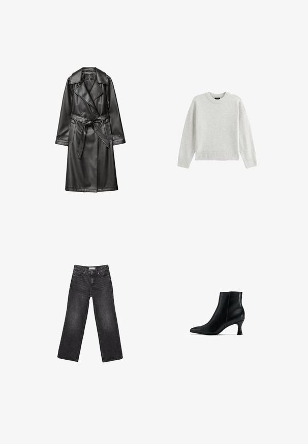 Sort læder trench coat med dobbeltknap foran, bred krave, bæltestrop i taljen og lange ærmer med knapmanchetter.; Lys grå sweater lavet af blødt stof, med rund halsudskæring, drop shoulder sømme og ribstrikkede manchetter og kant.; Sorte denimjeans med brede ben, for- og baglommer, knaplukning og bæltestropper, lagt fladt på en hvid baggrund.; Sort læderankelstøvle med spids tå, slankt design og en afsmalnet, buet hæl. Glat overflade med minimal accentdetaljering.
