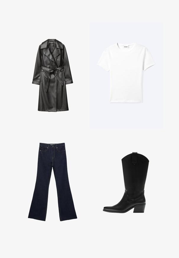 Schwarzer Leder-Trenchcoat mit doppelter Knopfleiste, breitem Kragen, tailliertem Gürtel und langen Ärmeln mit geknöpften Manschetten.; Einfaches weißes T-Shirt mit kurzen Ärmeln und Rundhalsausschnitt sowie kleinem "WEEKDAY"-Etikett im Nacken, flach auf einem hellen Hintergrund präsentiert.; Dunkelblaue Jeans mit ausgestelltem Bein, ausgestattet mit einem klassischen Fünf-Taschen-Design und sichtbaren Nähten. Der Stoff hat eine glatte Textur mit minimalen Verblassungen.; Schwarzer Westernstiefel aus Leder bis zur Mitte der Wade mit spitzer Kappe und gestapeltem Blockabsatz, mit Zuglasche und dezenter dekorativer Naht.