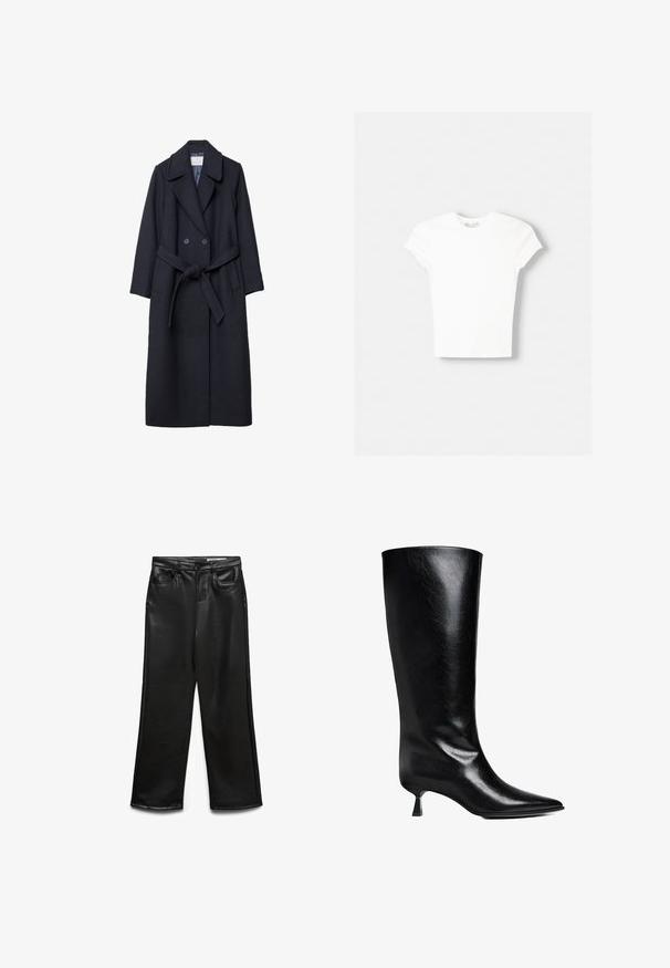 Manteau en laine bleu marine foncé avec un design croisé, grands revers, ceinture nouée et deux poches avant. Texture lisse sur toute la surface.; T-shirt blanc à manches courtes en coton doux, avec un col rond et une coupe ajustée. Pas de motifs ni d'ornements visibles.; Pantalon large en cuir synthétique noir avec poches avant, passants pour ceinture et léger éclat. Texture lisse et coupe ajustée.; Boot en cuir noir, montant jusqu'au genou, avec un bout pointu, une silhouette élancée et un talon carré bas, le tout avec une finition brillante.
