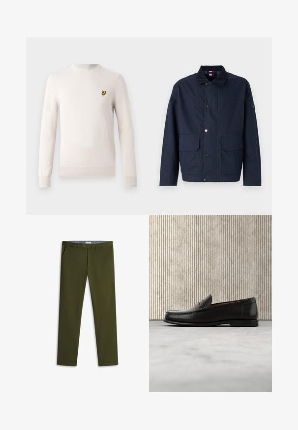 Donkerblauwe jas, gemaakt van textielmateriaal, heeft een staande kraag, drukknoopsluiting, twee voorzakken en een logo-applicatie op de mouw.; Lichtbeige trui met lange mouwen, ronde hals en geribde zoom. Voorzien van een klein zwart-geel geborduurd logo op de borst.; Oliijfgroene slim-fit chino broek met voorste knoop en rits, zijzakken en riemlussen, plat neergelegd op witte achtergrond.; Zwarte leren penny loafer met lage hak, afgeronde neus en gestikte details langs de voorkant en zijkanten, afgebeeld op een neutrale achtergrond.