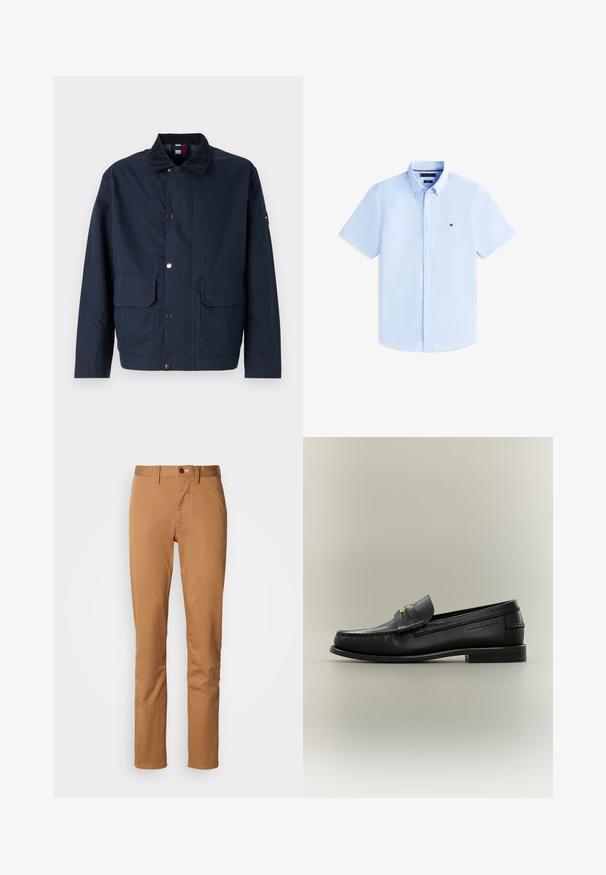 Veste bleu marine en matériau textile, dotée d'un col montant, de boutons-pression, de deux poches avant et d'un patch logo sur la manche.; Chemise bleu clair à manches courtes, boutonnée avec col boutonné et petit logo brodé sur la poitrine gauche.; Pantalons khaki ajustés avec fermeture à bouton et à zip, passepoils pour ceinture et poches latérales sur fond blanc.; Mocassin noir en cuir à enfiler avec petit talon, boucle dorée et nom de marque embossé sur le côté sur fond neutre.