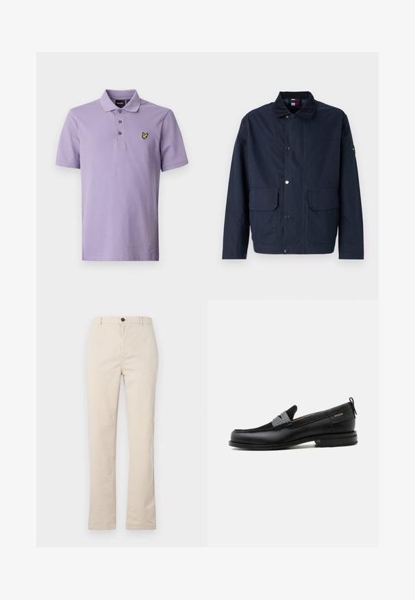 Veste bleu marine en matériau textile, dotée d'un col montant, de boutons-pression, de deux poches avant et d'un patch logo sur la manche.; Polo en lilas clair avec une patte de boutonnage à trois boutons, des manches courtes et un logo brodé jaune sur la poitrine. Tissu en coton doux.; Pantalons en coton beige clair avec une coupe droite, dotés d'une fermeture à bouton à l'avant, d'une braguette zippée et de détails de couture minimalistes.; Mocassin en cuir noir avec détail de bride grise, talon bas et semelle texturée, marqué "HUGO" en or sur le côté.