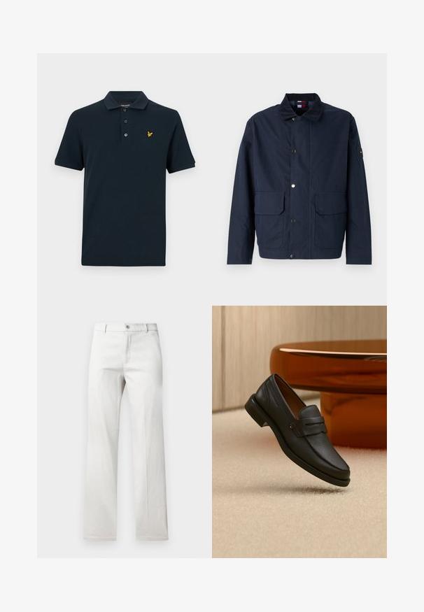 Veste bleu marine en matériau textile, dotée d'un col montant, de boutons-pression, de deux poches avant et d'un patch logo sur la manche.; Polo shirt marine en coton, doté d'un col classique, d'une patte de boutonnage à trois boutons et d'un petit logo aigle jaune sur la poitrine gauche.; Pantalon gris clair avec une coupe droite, fabriqué dans un tissu lisse, doté d'une fermeture à bouton à l'avant et de poches latérales.; Mocassin homme en cuir noir avec une bande sur le dessus, présenté sur un tapis beige près d'une table ronde moderne marron.