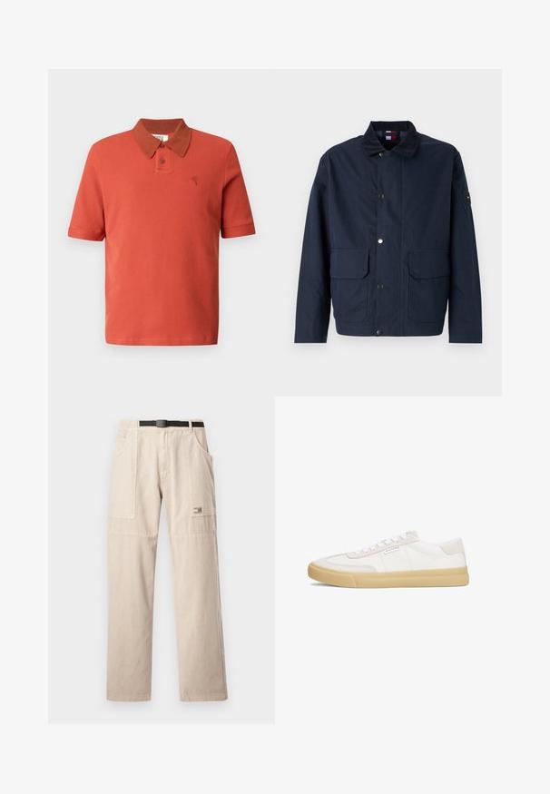 Chaqueta azul marino, hecha de material textil, presenta un cuello alto, botones de presión, dos bolsillos frontales y un parche de logo en la manga.; Polo de manga corta en color rojo ladrillo, tela texturizada, con cuello marrón a contraste, dos botones y logo bordado.; Pantalones cargo beige con pierna recta, con trabillas para cinturón, grandes bolsillos laterales y una pequeña etiqueta de la marca en el muslo izquierdo. Material de algodón.; Zapatillas blancas de cuero y ante, con un diseño de cordones, suela de goma en tono marrón y un pequeño logo en el lateral.