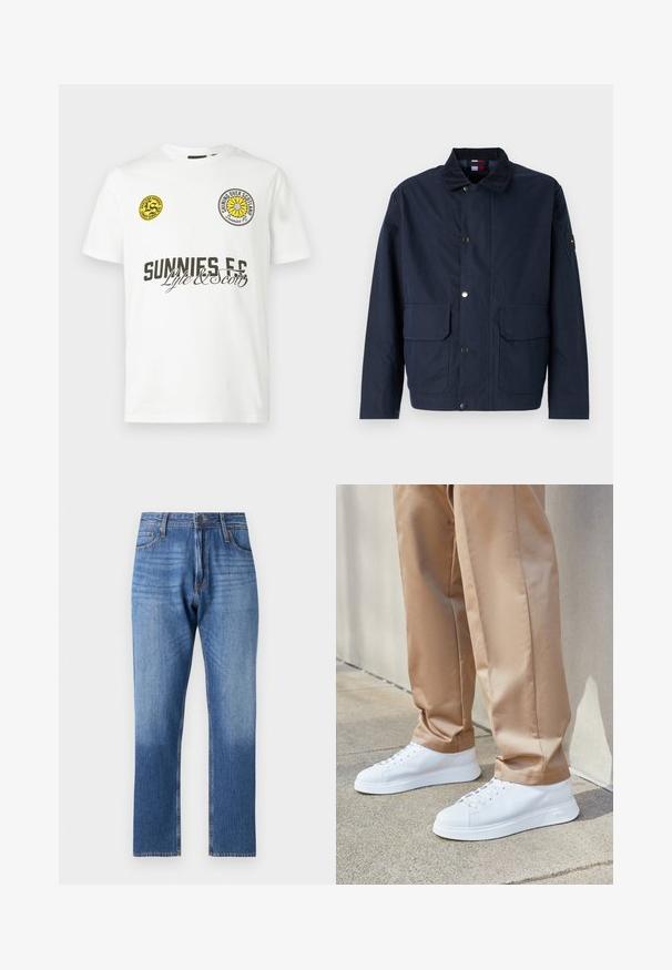 Tummansininen takki, valmistettu tekstiilimateriaalista, jossa on pystykaulus, napit, kaksi etutaskua ja logopatchi hihassa.; Valkoinen lyhythihainen T-paita, jossa musta "SUNNIES FC" -teksti, "Lyle & Scott" kirjoitus ja kaksi keltaista pyöreää logoa rinnassa.; Siniset farkut, joiden helma vaalennee asteittain, suorat lahkeet, viisi taskua ja metallinen nappikiinnitys.; Valkoiset nahkakengät sileällä pinnalla, pyöreillä varpailla, valkoisilla nauhoilla ja minimalistisella designilla. Yhdistetty vaaleanruskeisiin, kapeapolkisiin housuihin.