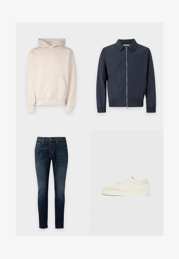 Marineblauwe lichtgewicht jas met een kraag, voorrits, elastische manchetten en zoom. Gladde textuur en minimalistisch ontwerp.; Beige hoodie van zachte stof, met een voorzak, ribgebreide mouwen en een capuchon met trekkoord. Eenvoudig, ongecompliceerd ontwerp.; Skinny jeans van donkerblauwe denim met een vervaagde textuur, vijf-pocket ontwerp, metalen knoopsluiting en contrasterende stiksels.; Witte suède sneakers met een gladde afwerking, ronde neus, plat veterontwerp en contrasterende gestructureerde accenten. Voorzien van een subtiel logodetail.