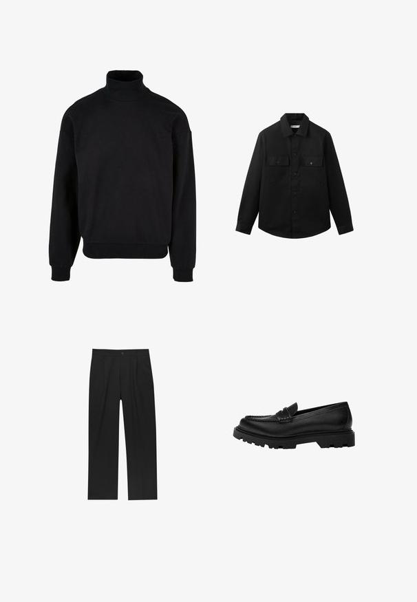 Sort langærmet skjorte med knapper og to forlommer med klap samt en klassisk krave, vist mod en ensfarvet hvid baggrund.; Sort turtleneck sweatshirt med afslappet pasform, lange ærmer og ribbede manchetter. Fremstillet af et blødt, struktureret stof.; Sorte bukser med lige ben, lavet af et glat stof. Har frontfolder og en enkelt knaplukning i taljen.; Sorte læder loafers med en robust, struktureret sål. Har en dekorativ syet kant og en lav hæl for et moderne design.