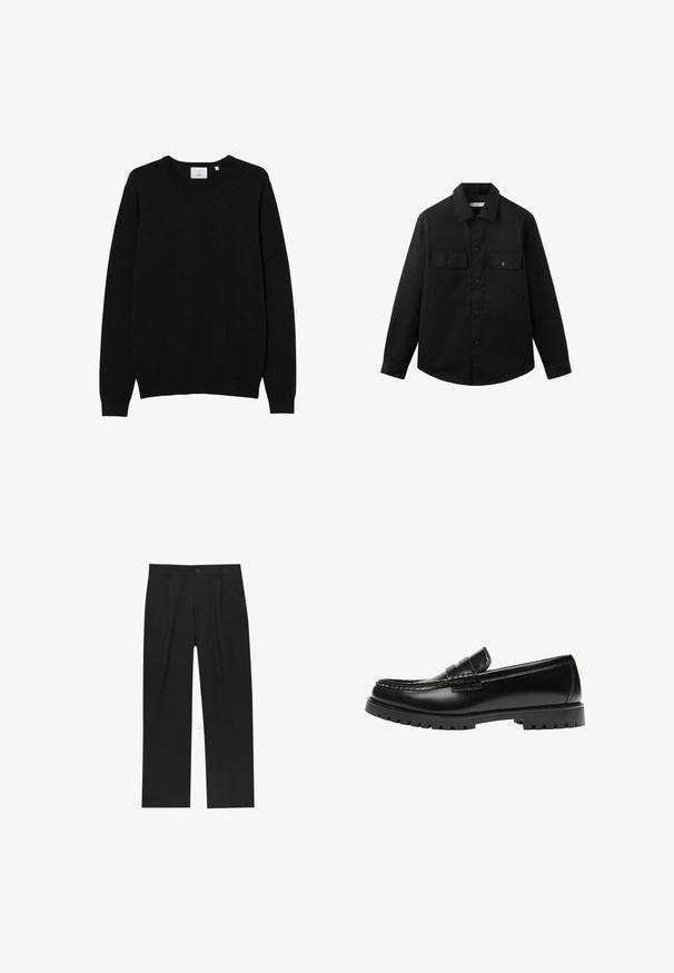 Sort langærmet skjorte med knapper og to forlommer med klap samt en klassisk krave, vist mod en ensfarvet hvid baggrund.; Sort crew-neck sweater lavet af et glat strikket stof. Har lange ærmer samt ribbede manchetter og kant. Simpelt, ensfarvet design uden mønstre.; Sorte bukser med lige ben, lavet af et glat stof. Har frontfolder og en enkelt knaplukning i taljen.; Sort læderloafer med en kraftig gummisål og klassiske penny-strap detaljer, vist fra ydersiden.